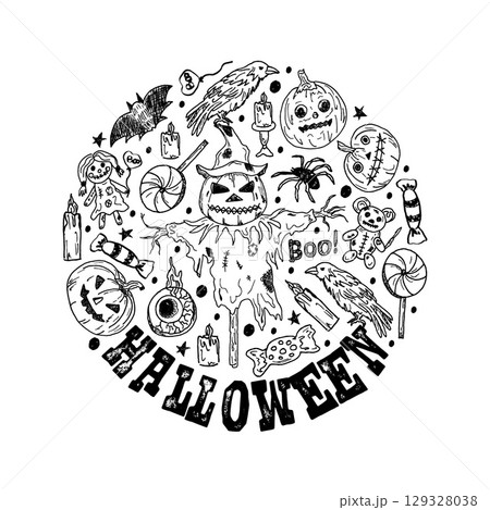 Round design with Halloween holiday. Round badge with pumpkins, candle, fright, bat, spider, sweets and monsters. Hand-drawn vector frame with Halloween inscription. Holiday sketch, ready print. 129328038
