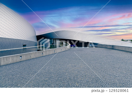 Nation Aquarium Denmark, Den Bla Planet. Modern building against the beautiful sunset sky 129328061