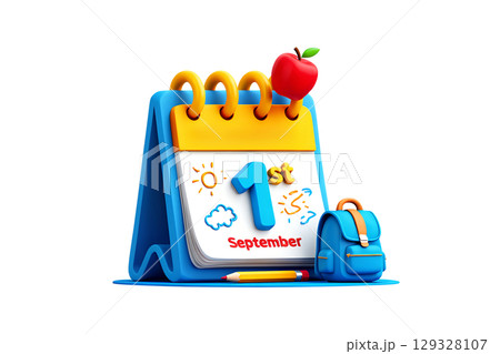 3d cartoon calendar page for 1st september with backpack and apple, fun back to school concept isolated 129328107