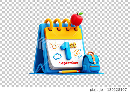 3d cartoon calendar page for 1st september with backpack and apple, fun back to school concept isolated 129328107