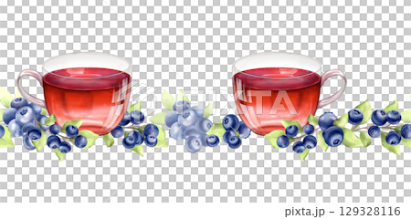 Hand-drawn seamless horizontal border illustration featuring glass cups with berry tea, and ripe blueberries 129328116