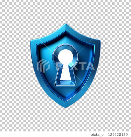 Blue shield icon with keyhole, cybersecurity and data protection symbol isolated 129328129