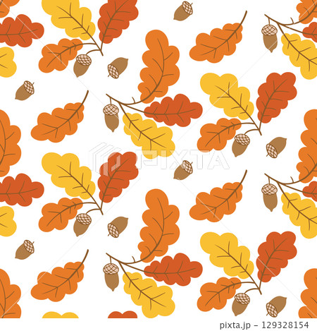 Seamless pattern with hand drawn oak leaves and acorns in autumn colors Seamless pattern with hand drawn oak leaves and acorns in autumn colors 129328154