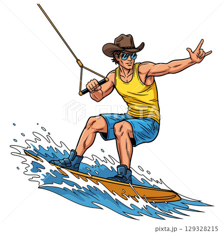 Vector Illustration Cowboy Wakeboarding Clipart Cool Cartoon Water Sport Rider in Hat and Sunglasses for Summer Designs, Apparel, Stickers 129328215