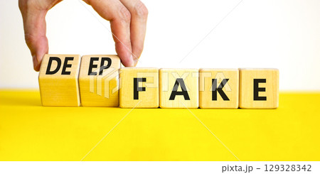 Deepfake or fake symbol. Concept words Fake Deepfake on wooden cubes. Beautiful yellow table white background. Businessman hand. Business and deepfake or fake concept. Copy space. Deepfake or fake symbol. Concept words Fake Deepfake on wooden cubes. Beautiful yellow table white background. Businessman hand. Business and deepfake or fake concept. Copy space. 129328342