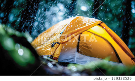A glowing yellow tent stands illuminated in the middle of a dark, rainy forest, surrounded by wet foliage and heavy downpour 129328529