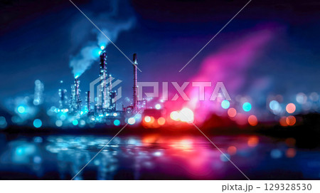 A glowing refinery flame releases vibrant nebula-like smoke into the night sky above a city of blurred colorful lights 129328530