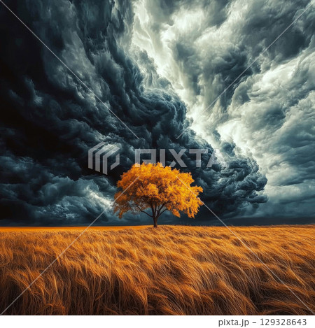 A lone tree with golden leaves stands in a field under dramatic storm clouds. Concept of nature's power and contrast. For landscape art showcases. 129328643
