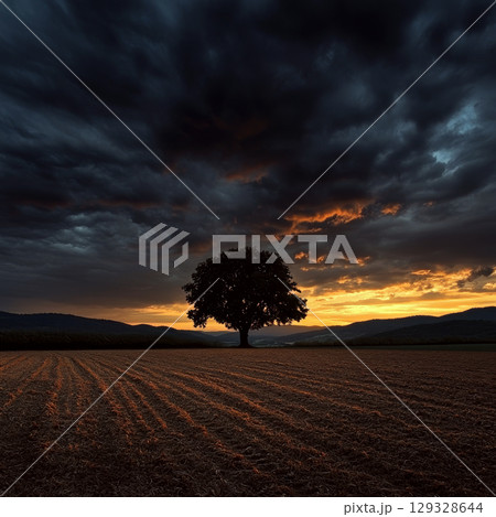 Lonely tree stands in a field under dramatic stormy clouds and a vibrant sunset. Concept of solitude and nature's beauty. For desktop wallpaper. Lonely tree stands in a field under dramatic stormy clouds and a vibrant sunset. Concept of solitude and nature's beauty. For desktop wallpaper. 129328644