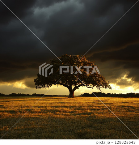 A solitary tree stands in a vast field under a dramatic, cloudy sky at sunset. Concept of solitude and nature's beauty. For landscape photography. A solitary tree stands in a vast field under a dramatic, cloudy sky at sunset. Concept of solitude and nature's beauty. For landscape photography. 129328645