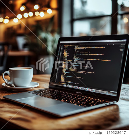 An open laptop displays code on a wooden table next to a cup of coffee in a cozy cafe setting. Concept of programming and remote work. For illustrating a tech blog. 129328647