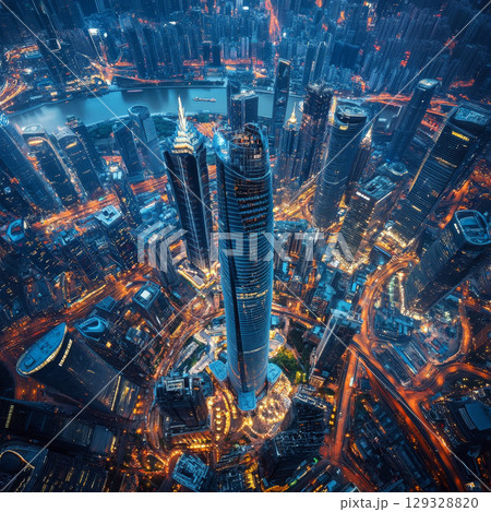 High angle view of a vibrant cityscape with illuminated skyscrapers at night. Concept of urban development and modern architecture. For a cityscape photo. 129328820