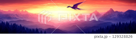 A dragon soars over a vibrant mountain landscape during a colorful sunset. Concept of fantasy and adventure. For digital art inspiration. 129328826