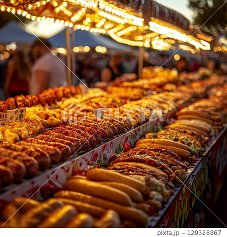 Various sausages and hot dogs are arranged on a brightly lit market stand, enticing with toppings. Concept of street food assortment or culinary variety. For food market advertisement. 129328867