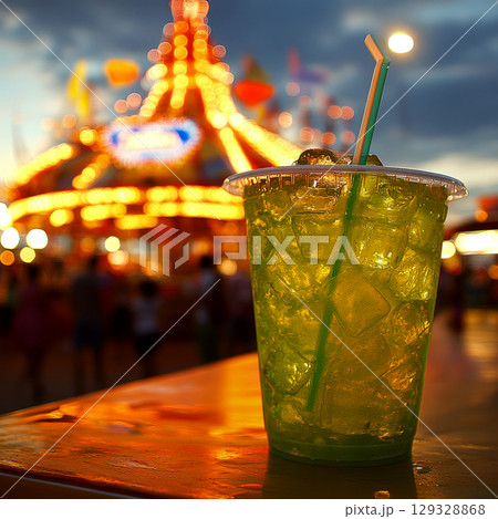 A green drink in a plastic cup with ice is on a table at night, with a blurry, illuminated amusement park in the background. Concept of refreshment at a fun park. For beverage promotions. A green drink in a plastic cup with ice is on a table at night, with a blurry, illuminated amusement park in the background. Concept of refreshment at a fun park. For beverage promotions. 129328868