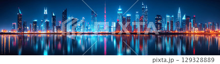 City skyline with illuminated skyscrapers reflecting in calm water under a dark sky. Concept of urban nightlife and reflections. For travel-related content. 129328889