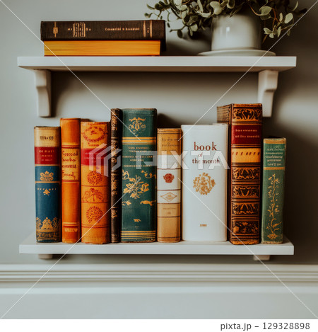 Books with ornate spines are lined up on a white shelf with a small plant pot above. Concept of reading, literature, home decor. For home library themes. 129328898