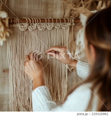 A person weaves macrame with their hands on a wooden rod. Concept of crafting, creativity, handmade art. For home decor photo. A person weaves macrame with their hands on a wooden rod. Concept of crafting, creativity, handmade art. For home decor photo. 129328962
