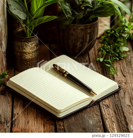 Open notebook with lined pages and pen on rustic wooden table, surrounded by plants. Concept of writing and nature. For productivity inspiration. 129329025