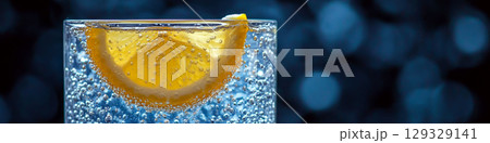 A slice of orange submerged in a fizzy drink in a glass with bubbles visible. Concept of refreshing citrus beverage. For drink advertisement. 129329141