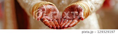 Hands covered in intricate henna patterns are cupped together and adorned with golden bangles. Concept of cultural tradition. For cultural photography. 129329197