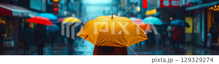 A person holds a yellow umbrella on a rainy city street filled with colorful umbrellas. Concept of vibrant urban life in the rain. For weather-related content 129329274