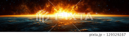 Fiery sunrise over a planet's horizon with vivid colors and stars. Concept of cosmic phenomena and celestial beauty. For space themed projects or backgrounds. 129329287