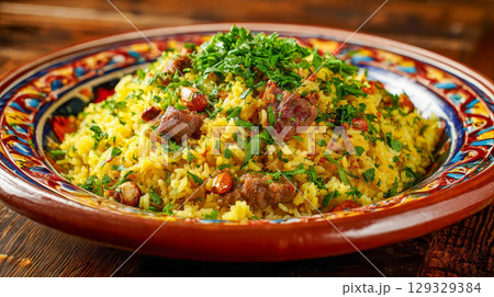 A steaming plate of golden pilaf, garnished with herbs and nuts 129329384