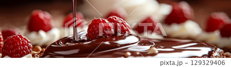 Raspberries on a dessert are topped with pouring chocolate, surrounded by cream dollops. Concept of indulgence and dessert art. For food photography. 129329406