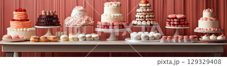 Cakes and pastries are displayed on a table against a pink striped backdrop. Concept of dessert abundance and celebration. For bakery promotion. 129329408