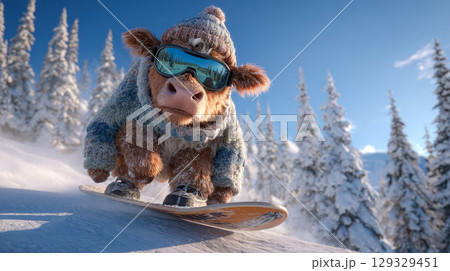 Snowboarder cow in a knitted winter suit, humorous scene in a snow-covered forest 129329451