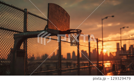 Silhouette of an urban basketball hoop against a bright sunset Silhouette of an urban basketball hoop against a bright sunset 129329479