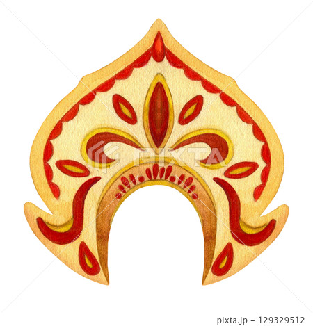 Yellow kokoshnik decorated with embroidery and red stones. Watercolor hand-drawn illustration on white background. Traditional Russian Slavic festive women's folk headdress, vintage accessory Yellow kokoshnik decorated with embroidery and red stones. Watercolor hand-drawn illustration on white background. Traditional Russian Slavic festive women's folk headdress, vintage accessory 129329512