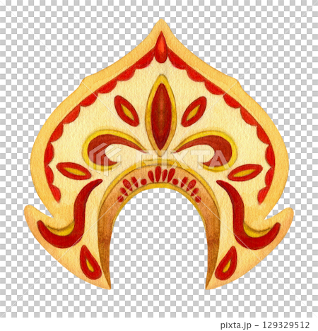 Yellow kokoshnik decorated with embroidery and red stones. Watercolor hand-drawn illustration on white background. Traditional Russian Slavic festive women's folk headdress, vintage accessory Yellow kokoshnik decorated with embroidery and red stones. Watercolor hand-drawn illustration on white background. Traditional Russian Slavic festive women's folk headdress, vintage accessory 129329512