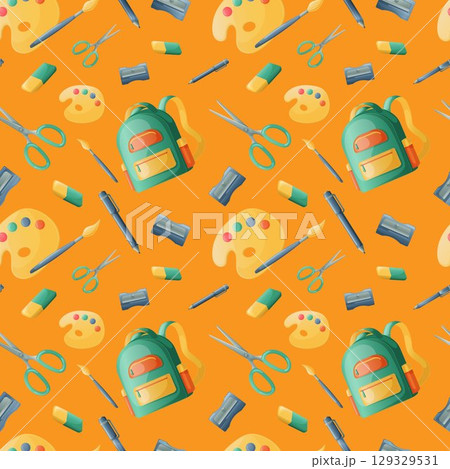 Seamless pattern of school accessories. Wallpaper, website and cover template design. Vector illustration 129329531