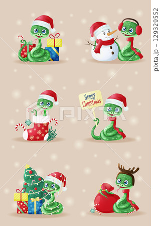 A set with a cute snake and New Year's attributes. New Year and Christmas card. Vector illustration A set with a cute snake and New Year's attributes. New Year and Christmas card. Vector illustration 129329552