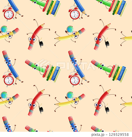 Seamless pattern with funny pencil characters. Wallpaper, website and cover template design. Vector illustration 129329558