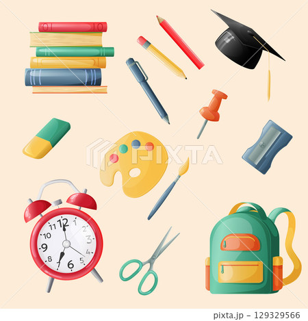Office supplies. Stacks of books, writing supplies for the office and school. Back to school. Vector illustration Office supplies. Stacks of books, writing supplies for the office and school. Back to school. Vector illustration 129329566