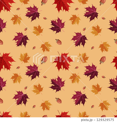 autumn seamless pattern on a beige background, autumn maple leaves, vector illustration 129329575