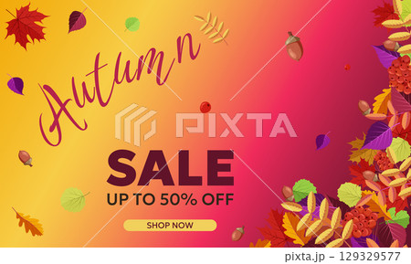 banner with autumn sales, autumn falling leaves, acorns, rowan berries on a red and yellow background. Vector illustration banner with autumn sales, autumn falling leaves, acorns, rowan berries on a red and yellow background. Vector illustration 129329577