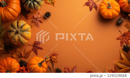 Autumn frame of pumpkins on beige background. Decor for Halloween, Thanksgiving. 129329688