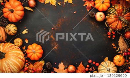 Autumn frame of pumpkins on brown stone table. Decor for Halloween, Thanksgiving. 129329690