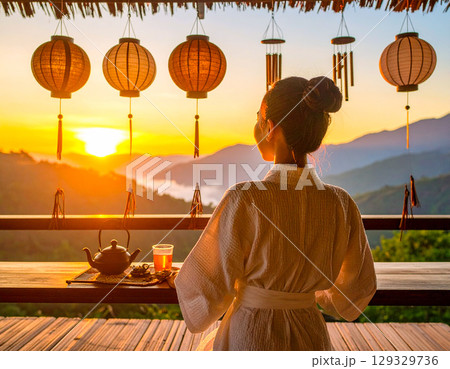 AI生成 – 和風の縁側で朝日を眺めながらお茶を楽しむ穏やかな時間 AI生成 – 和風の縁側で朝日を眺めながらお茶を楽しむ穏やかな時間 129329736