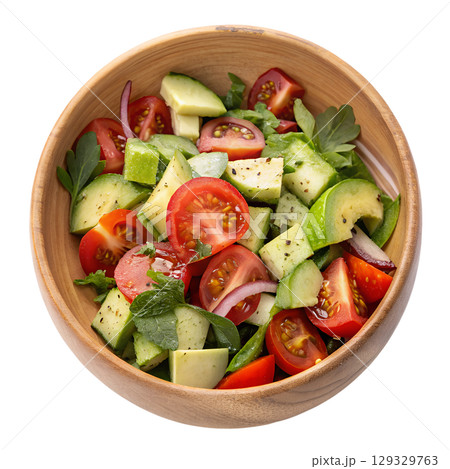 Colorful salad bowl with cherry tomatoes, avocado slices and cucumber, healthy eating isolated on transparent background 129329763
