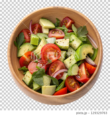 Colorful salad bowl with cherry tomatoes, avocado slices and cucumber, healthy eating isolated on transparent background 129329763