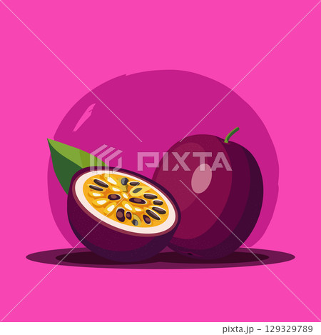 Tropical pink passion fruit. Vector fruit illustration in flat style. Summer clipart for design Tropical pink passion fruit. Vector fruit illustration in flat style. Summer clipart for design 129329789