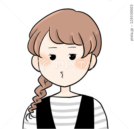 三つ編みボーダー女性バストアップアイコンふてくされ 129330003