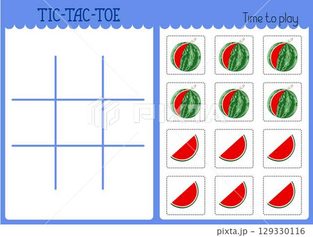 Tic-tac-toe or noughts and crosses kids game grid template, watermelon fruit to cut out, fun educational activity for logic thinking development, printable worksheet for board game, teacher resources Tic-tac-toe or noughts and crosses kids game grid template, watermelon fruit to cut out, fun educational activity for logic thinking development, printable worksheet for board game, teacher resources 129330116