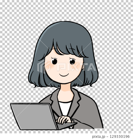 Smiling woman in suit and computer 129330196