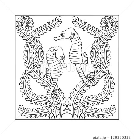 Art nouveau style sea horse couple swimming amongst seaweed hand drawn monochrome easy coloring book page vector illustration 129330332